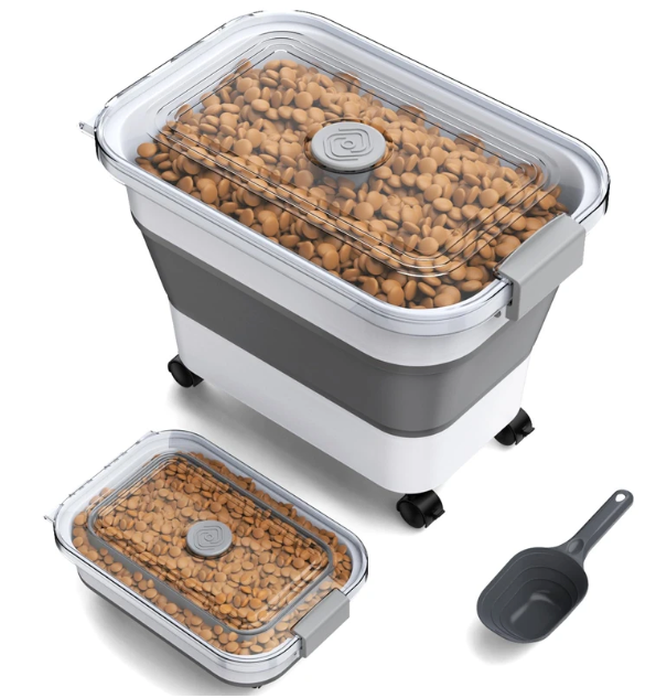 Dog Food Storage Container, 15-23 Lbs Collapsible Dog Food Container with Transparent Airtight Lid, Wheels and Scoop, Travel Pet Food Storage Container for Cat, Dog and Bird, Keep Dry Food Fresh