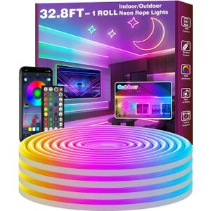 32.8Ft Led Rope Lights, Flexible Neon Lights Control with App/Remote, Multiple Modes, IP65 Outdoor RGB Waterproof, Music Sync Gaming Light Strip for Bedroom Decor