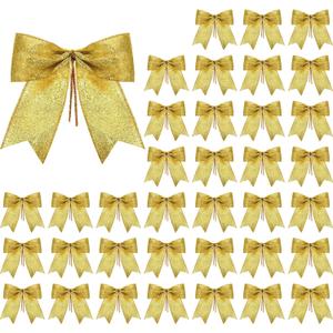 Sumind 36 Pieces 7 x 7 Inch Glitter Bow Tie Ribbon Twist Tie Bows for Treat Bags Gift Wrapping Basket Wedding Shower Birthday Christmas Party Decoration (Gold)