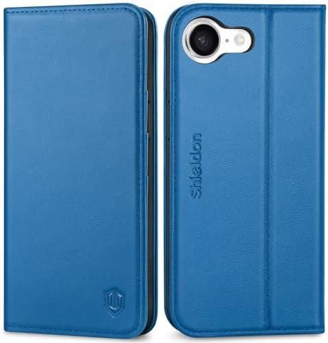SHIELDON Wallet Case for iPhone 16e 2025, Genuine Leather Flip Case RFID Blocking Card Slot Kickstand Magnetic Shockproof TPU Phone Holder Cover Compatible with iPhone 16e 6.1" - Nappa Sapphire Blue