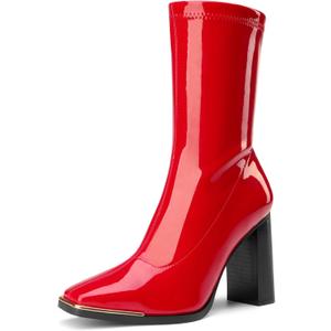 DREAM PAIRS Women's Square Toe Gogo Boots Elastic Ankle Boots High Chunky Block Heel Mid Calf Boots (9, Red/Pu)