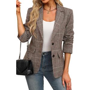 ELLEVEN Women's Lapel Collar Plaid 2 Button Boyfriend Blazer Suit Houndstooth Work Office Blazer Jacket, M