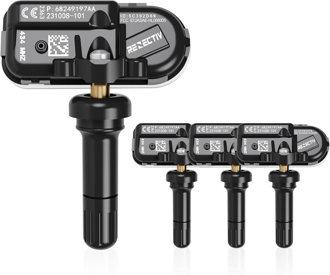 TPMS Sensor 4Pack, 433Mhz Tire Pressure Monitor Sensors Compatible with 2014-2022 RAM 1500 2500 3500 4500 5500 Jeep Chreokee Replace OE#68249197AA 68239720AA 68157568AA (four pieces sensors)
