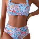 Tainehs High Waist Bathing Suit for Women Floral Print Wide Straps Swimsuit Two Piece Bikini Sets (Small, Blue&Pink Floral)