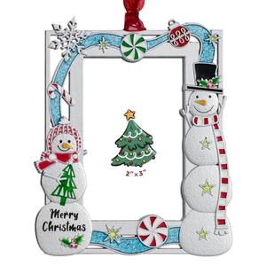 FIHOO 2025 Christmas Ornaments 3x2 inch Picture Frame Metal Hanging Pendant for Tree Small Decorative Keepsake, Display Photo for Baby and Pet (Snowman (Blue))
