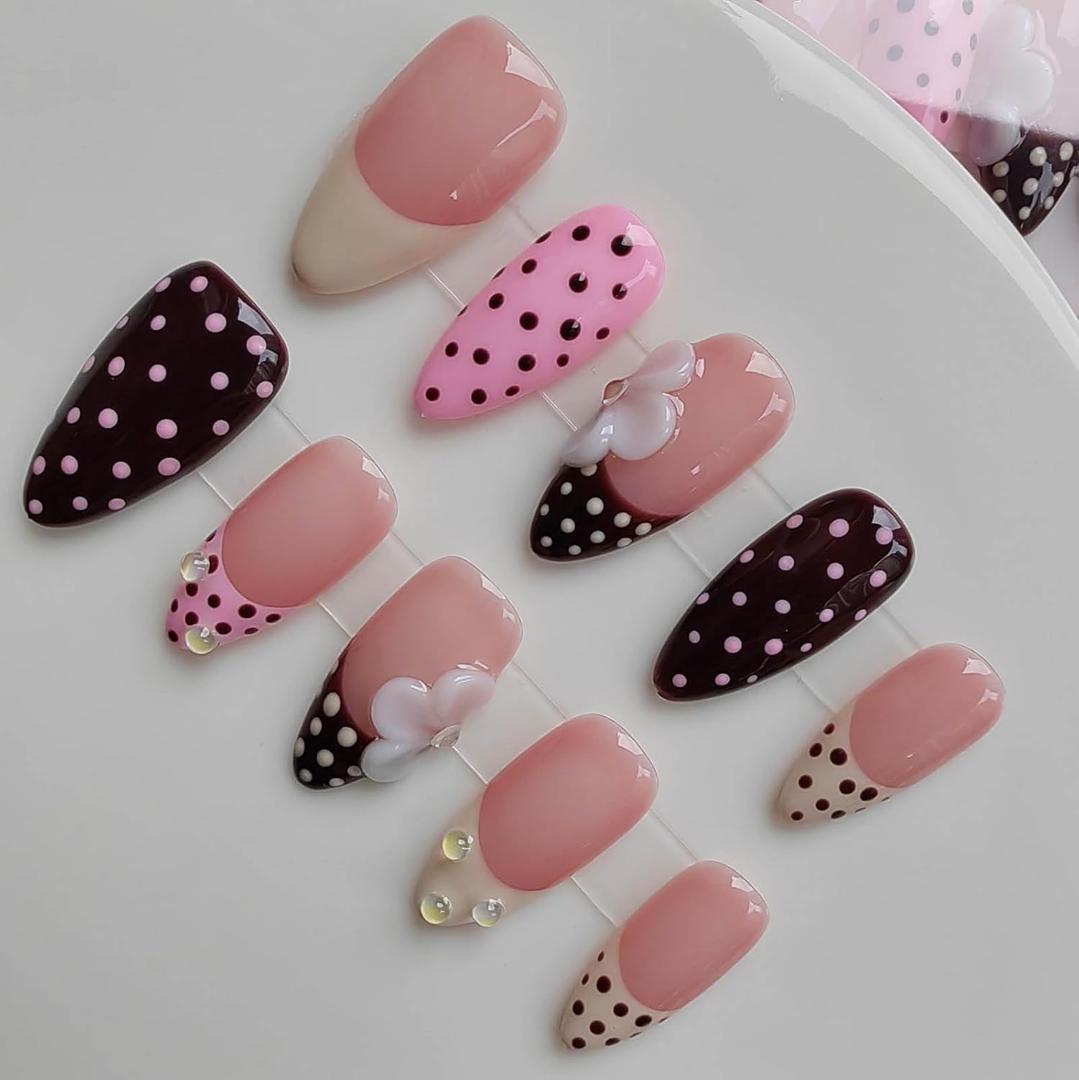Almond Handmade Press on Nails Medium Length Professional Nail Art Nude Fake Nails with Flower and Polka Dots Design French Tip Cute Glue Ons for Women and Girls Spring Pattern 21