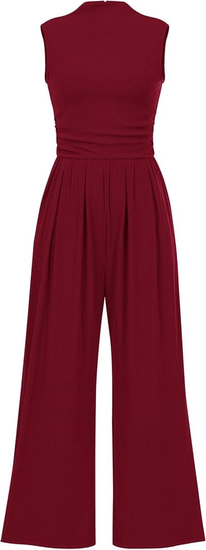 PRETTYGARDEN Womens Summer Jumpsuits Dressy Casual One Piece Outfits Sleeveless Mock Neck Wide Leg Pants Rompers with Pockets (XX-Large, Wine Red)