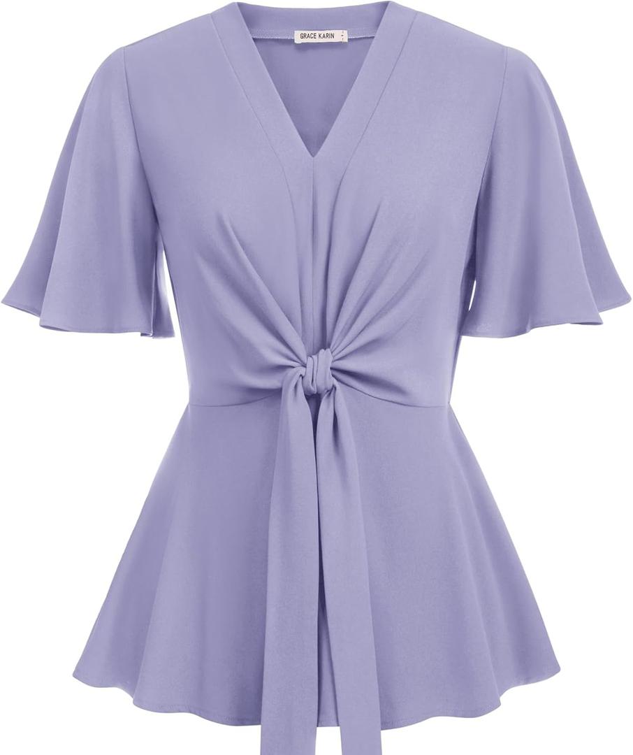 GRACE KARIN 2024 Women's Elegant V Neck Peplum Tops Tie Front Short Bell Sleeve Shirts Tops Blouse (Medium, Lilac)