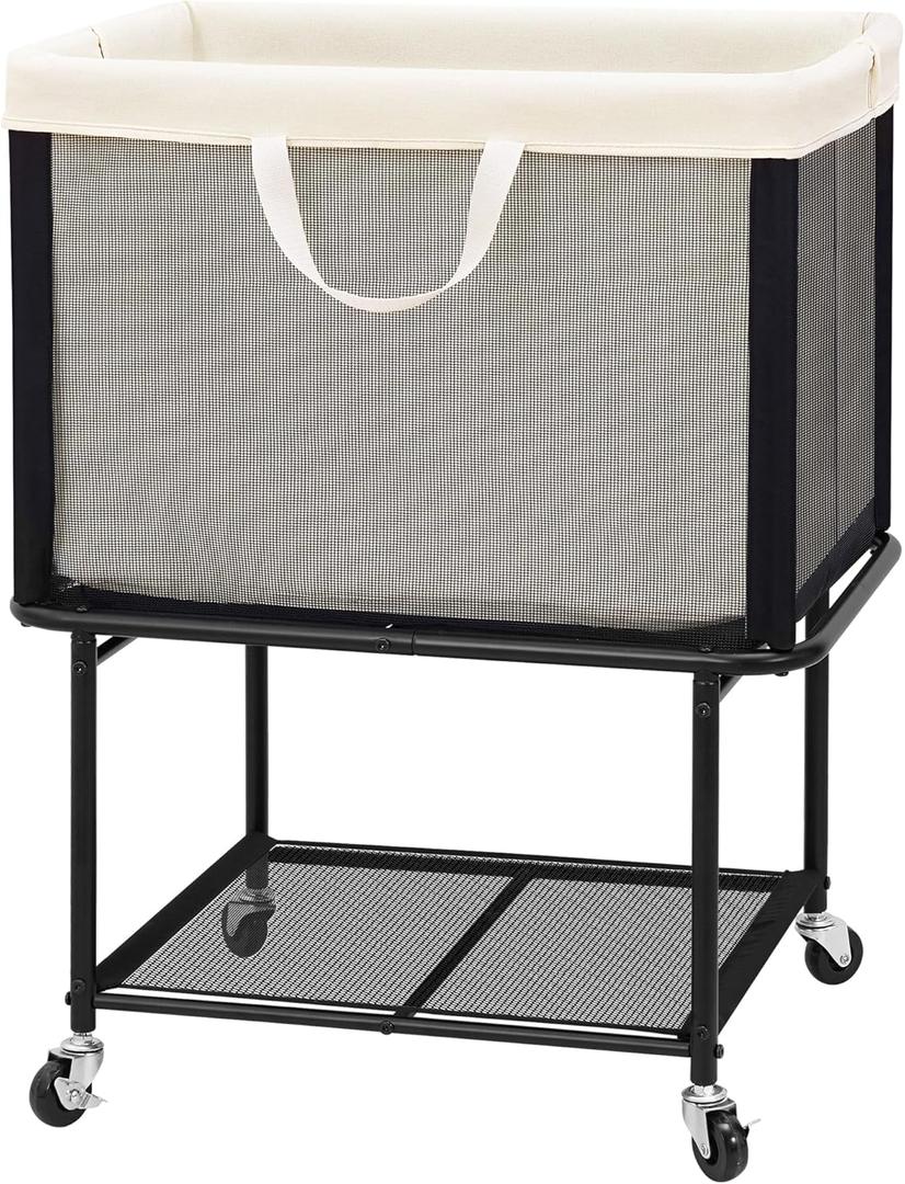 STO STO Rolling Laundry Hamper with Lockable Wheels, 29-Gallon (110L) Laundry Cart with Removable Canvas Bag, 2-Tier Clothes Basket Hamper with Shelf for Closet, Bedroom, Bathroom, Laundry Room