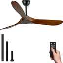 60 Inch Wood Ceiling Fan No Light,ETL Listed Farmhouse Outdoor Ceiling Fans for Patios with Remote,3 Blade Low Profile Windmill Propeller Room Fan with High CFM DC Motor for Exterior Pergola(Walnut) (Deep Walnut Blades + Black Body)