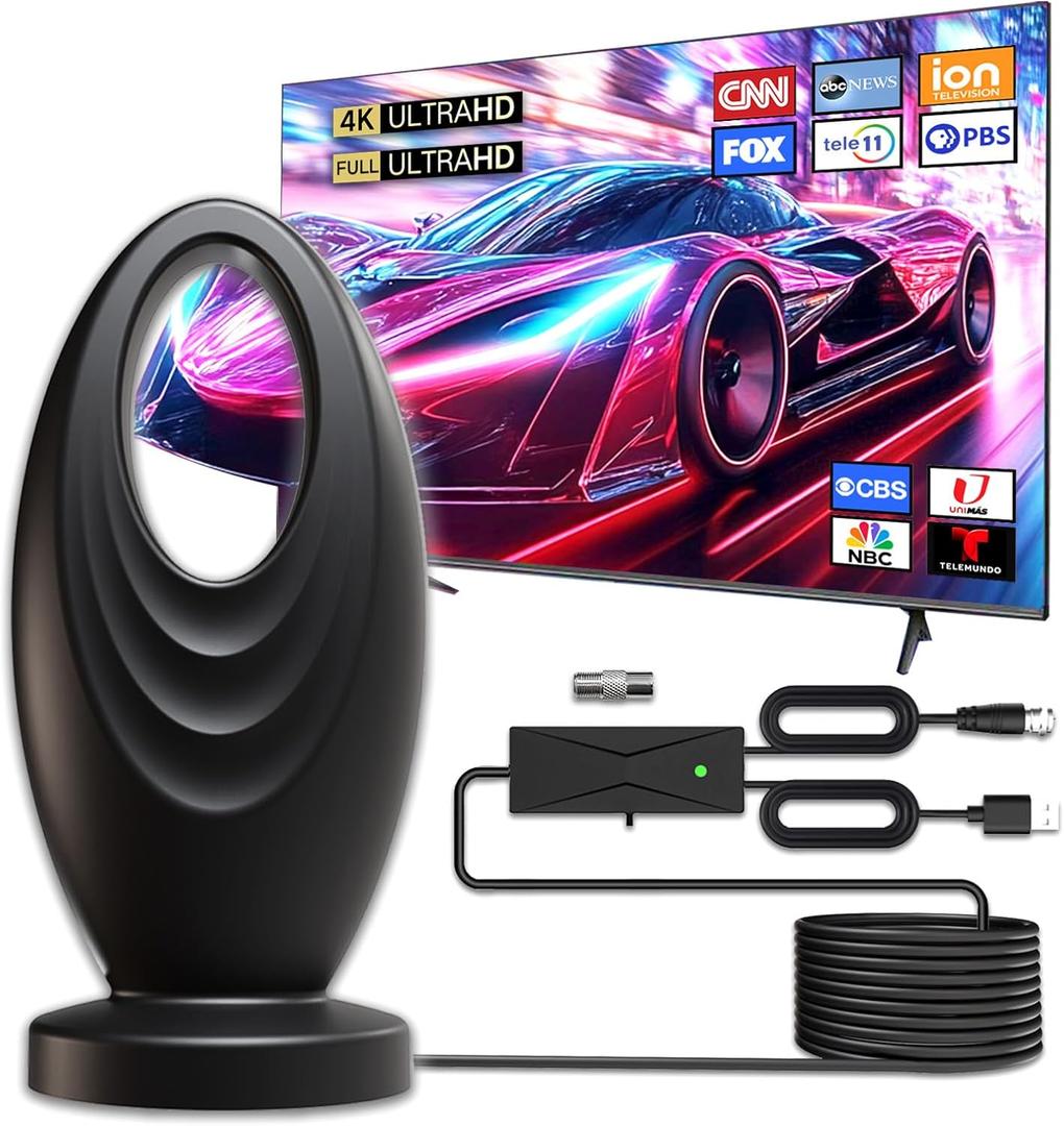 2025 TV Antenna for Smart TV and Old TV, 2200+ Miles Range HD Digital TV Antenna Indoor with 360° Signal Strongest Booster, Supports Local Channels 1080P 4K Reception for Home, RV, Camping 32ft Cable, Black