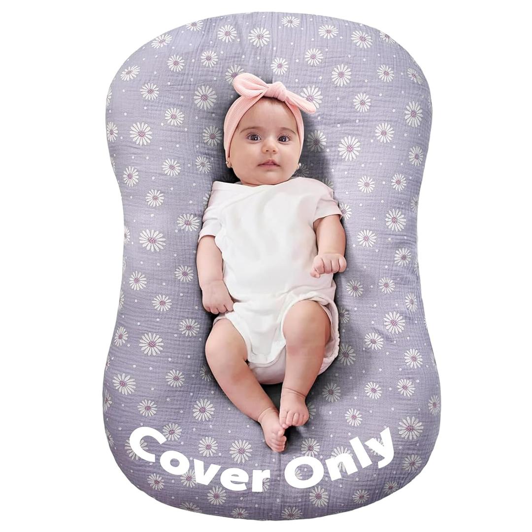 FUNUPUP Muslin Baby Lounger Cover Only Compatible with Snuggle Me Lounger, Infant Pillow Cover for Newborn, Removable Nest Slipcover for Boys and Girls, Only Cover, Purple Daisy