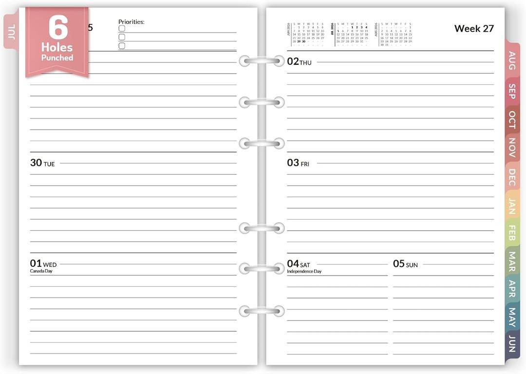 2026 Weekly & Monthly Planner Refills for A5 6-Ring Binders, July 2026 - Jun 2027, Forvencer 6-Hole Punched Planner Inserts with Colorful Monthly Tabs, Small Calendar Organizers, 5-3/4" x 8-1/4" (Two Page Per Week)