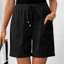 SHEWIN Womens Shorts Lightweight Bermuda Shorts for Women Casual 5 Inch Inseam Summer Linen Shorts with Pockets (Black, M)