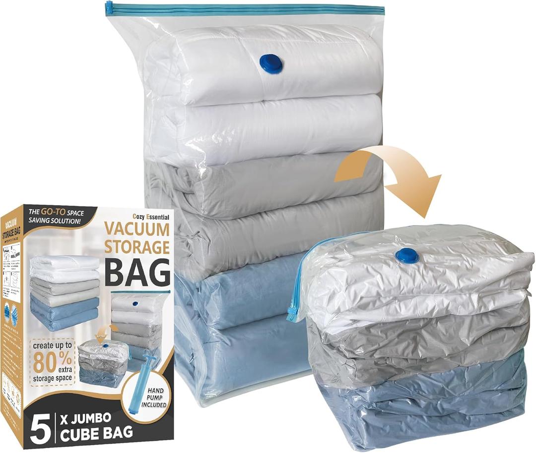 Cozy Essential 5 Pack Cube Vacuum Storage Bags, Jumbo Cubes for Sealed, Extra Large Space Saver Bags Bedding, Clothes, Comforters, Blanket, Duvets (Cube Sized), Transparent Cozy Essential 5 Pack Cube Vacuum Storage Bags, Jumbo Cubes for Sealed, Extra Large Space Saver Bags Bedding, Clothes, Comforters, Blanket, Duvets (Cube Sized), Transparent
