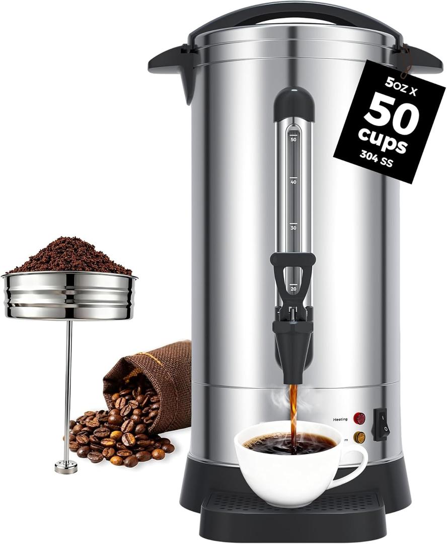 OSTBA 950W Commercial Coffee Urn 50 Cup / 8.3L 304 Stainless Steel Percolator Coffee Pot, Double-Wall Hot Water Dispenser Electric Coffee Maker Fast Brewing for Home, Office, Catering & Small Events (EXP 02/04/26)