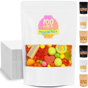 Smell Proof Bag, 100 Pack Sealed Bags for Small Business, Food Storage Bags with Window,Dog Treat Bag, Bakery Bags, Candy Packaging, Resealable Paper Stand Up Pouch