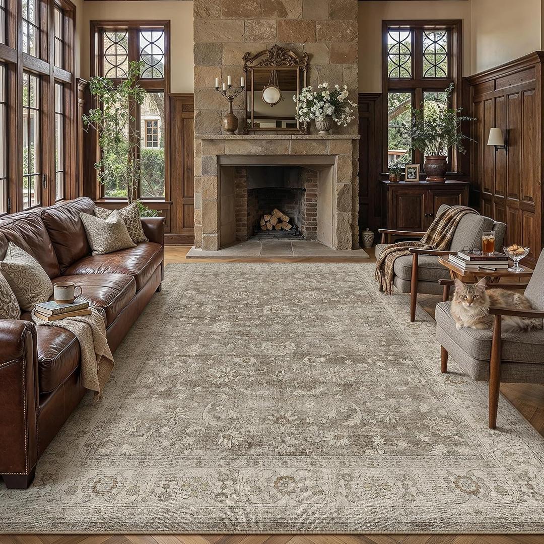 PureCozy 9x12 Washable Living Room Area Rug Brown Gray Vintage Low Pile Carpet Non Slip Soft Distressed Indoor Floral Accent Retro Large Rug for Bedroom Dining Room Office