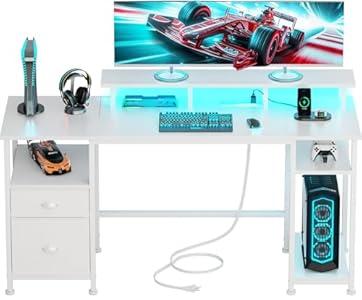 Furologee 51" Gaming Desk with Power Outlets & LED Lights, Reversible Computer Desk with File Cabinet & Monitor Stand for Home Office, Large Work Table with Storage Shelves & Drawer, White