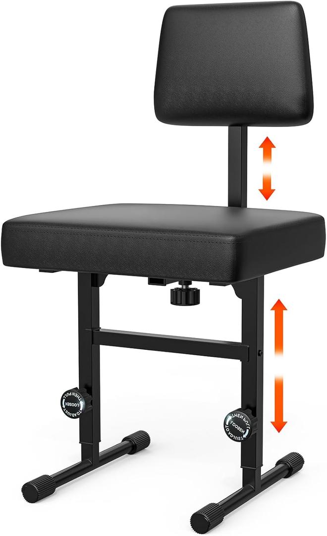 GLEAM Keyboard Bench Piano Bench Padded Cushion with Backrest Height Adjustable 17.5in - 22in Keyboard Chair Black (Thick Padding) Iron Legs