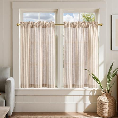 jinchan Linen Kitchen Curtains 36 Inch Length Striped Tier Curtains Ticking Stripe Small Drapes for Living Room Bathroom Cafe Small Window Farmhouse Rustic Pinstripe Rod Pocket 2 Panels Tan, Size 26"W- 36"L