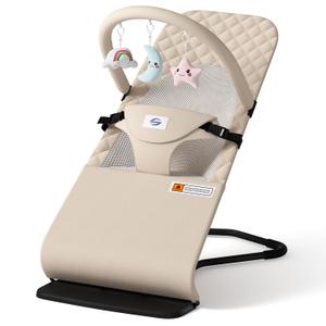 Baby Bouncer, Bouncer Seat for Babies 0-12 Months, Ergonomic Rocking Chair with Detachable Hanging Bar, 3-Height Adjustments, Foldable & Portable Infant Rocker, Machine Washable Fabric (Beige)
