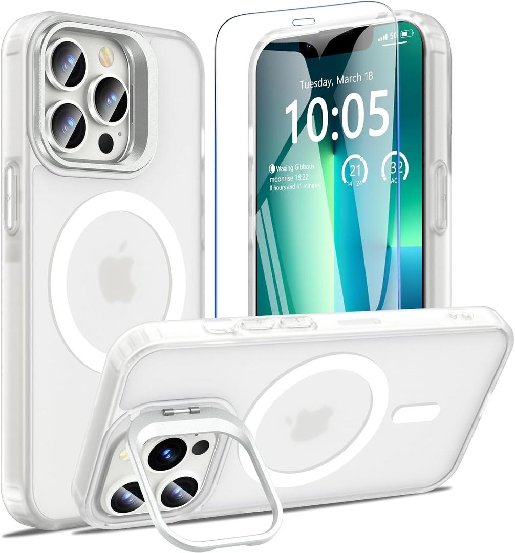 Fin2feel for iPhone 13 Pro Case with Screen Protector, Compatible with MagSafe, Magnetic Phone Case with Camera Stand Protective Shockproof Matte Cover Case for iPhone 13 Pro (Clear) Fin2feel for iPhone 13 Pro Case with Screen Protector, Compatible with MagSafe, Magnetic Phone Case with Camera Stand Protective Shockproof Matte Cover Case for iPhone 13 Pro (Clear)