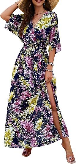 Womens Half Sleeve Wrap V Neck Chiffon Floral Casual Maxi Dress Spring Summer Wedding Guest Dresses for Women 2025 SIZE L