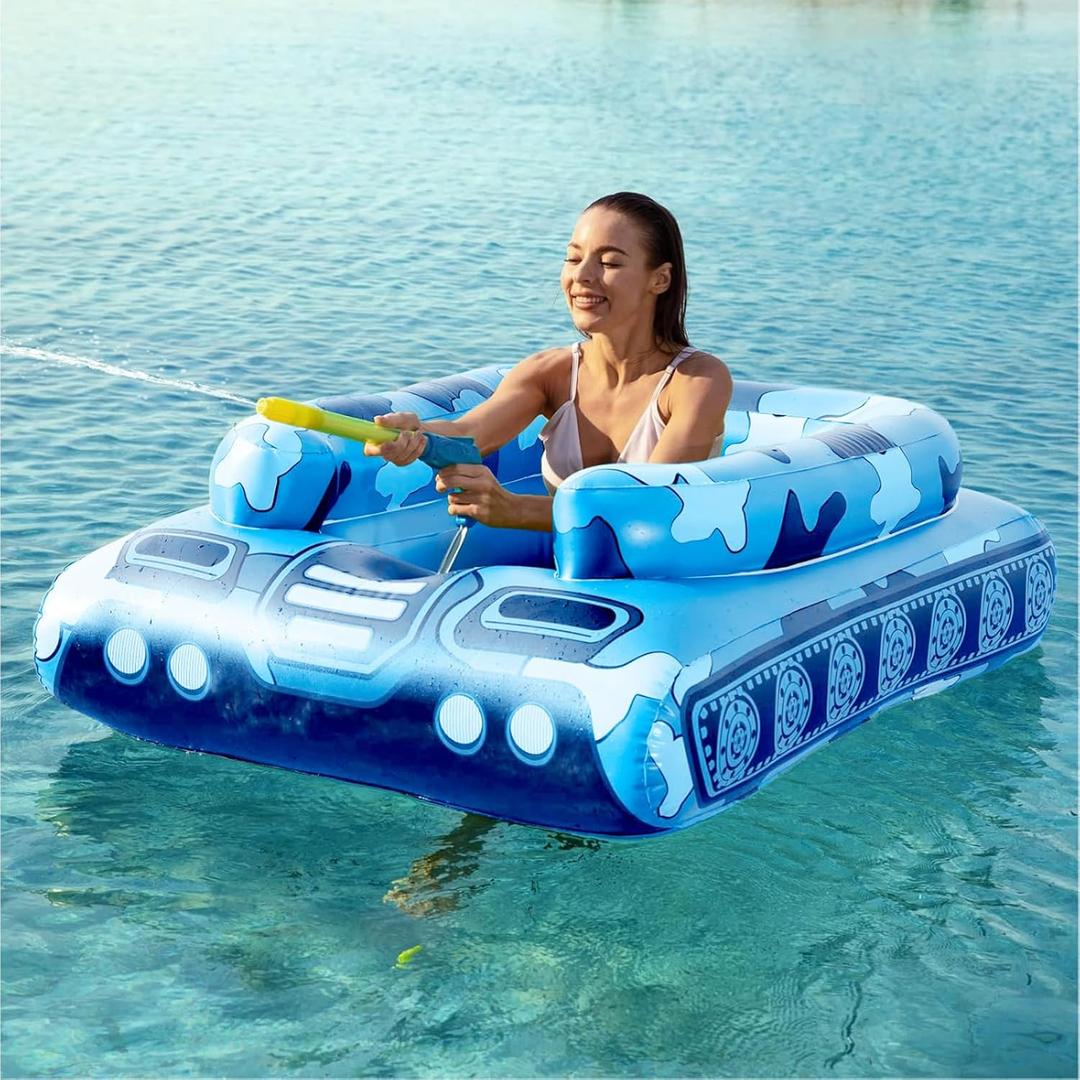 Inflatable Tank Pool Floats Adults - Jasonwell Kids Pool Floaties Swimming Pool Tank with Water Cannon Gun Swim Floaty Rafts Lake Beach Party Pool Toys for Boys Girls Kids Adults (Blue)