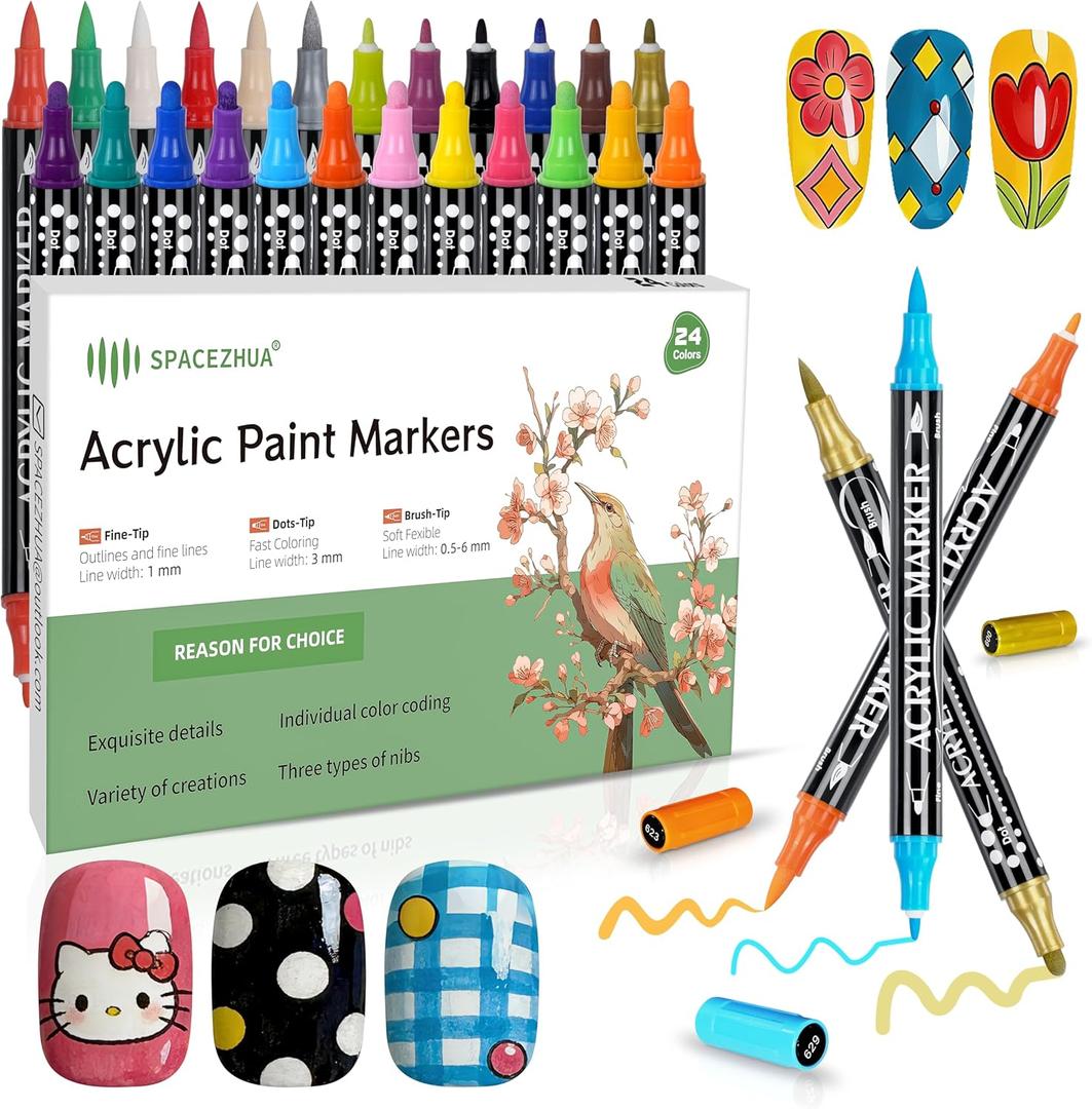 Nail Art Pens 24 Color Set Nail Polish Pens Marker, Acrylic Paint Markers with 3 Types of Pen Tips (0.5/1.0/3.0mm) Non-Toxic Quick-Drying Waterproof for Women DIY Nails Art Design Manicure Tools