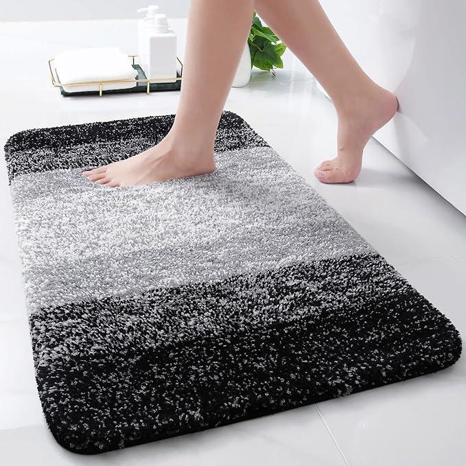 Microfiber Bathroom Rugs, Shaggy Soft and Absorbent Bath Rug, Non-Slip, Thick Plush Machine Washable Dry Bath Mats for Bathroom, Tub and Shower, 24x16, Black