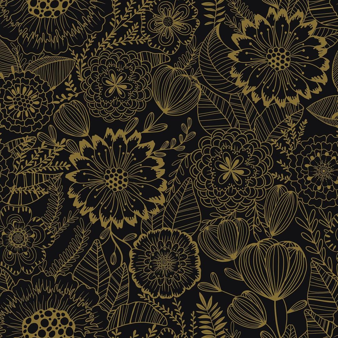 CiCiwind 17.3"  197" Wallpaper Peel and Stick Black Floral Removable Self Adhesive Contact Paper Gold Decorative Waterproof Wallpaper for Bathroom Bedroom Papel Tapiz para Pared