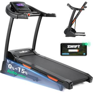 THERUN Incline Treadmill for Running and Walking, 300 lbs Weight Capacity Folding Treadmill with 0-15% Auto Incline, Wide Belt, 3.5HP, App, Heart Rate (Black Orange)