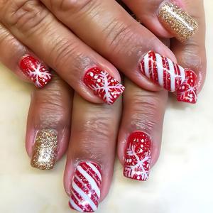 Christmas Press On Nails Medium Square Red Gold Fake Nails with Glue Winter Snowflake Design,Christmas Nails Short False for Women Kids Holiday Xmas Gifts