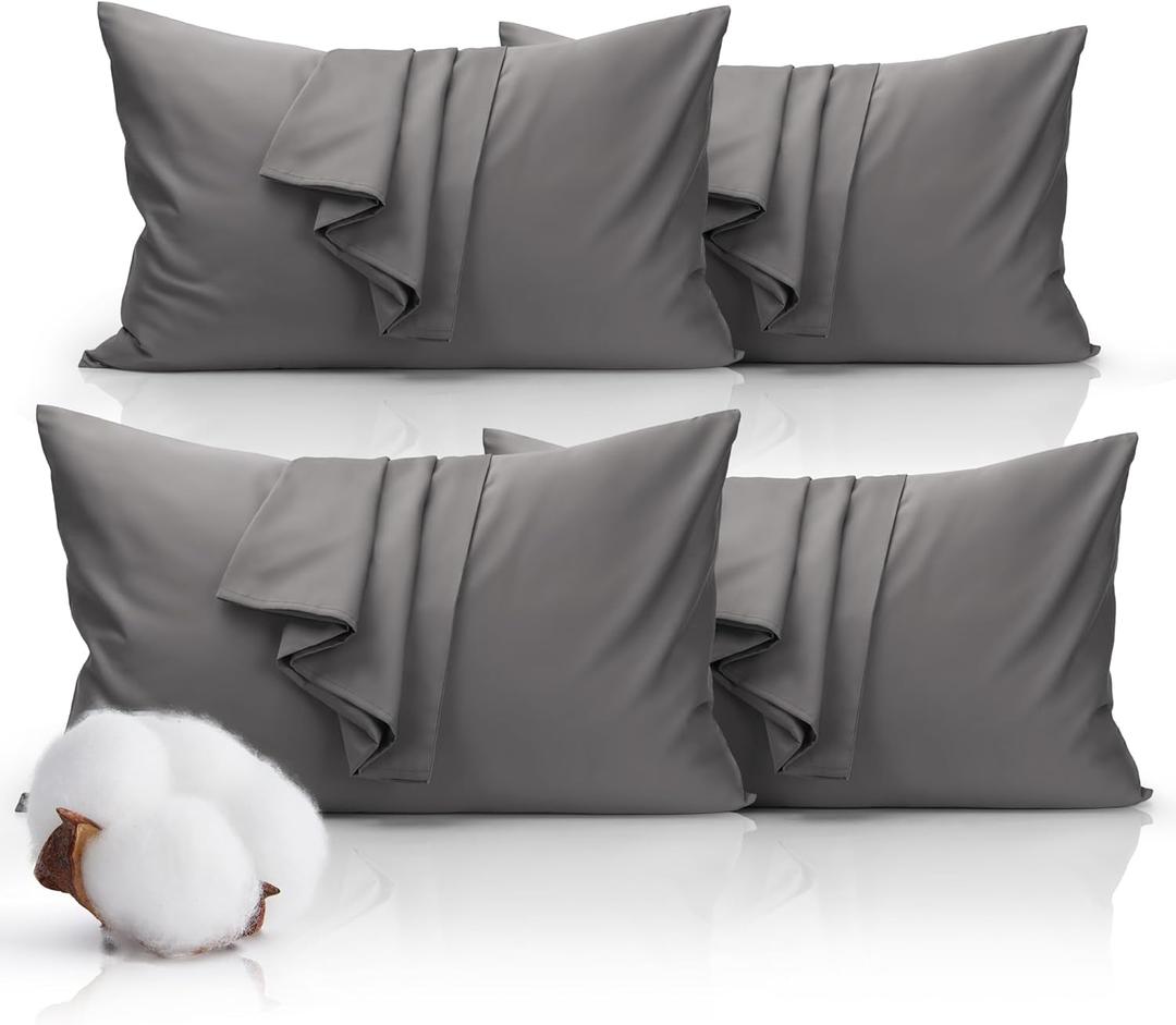 Queen Size Pillowcase Set - 500 Thread Count, 100% Cotton Sateen, 20" x 30" Set of 4 Pillow Covers, Cooling, Breathable, Soft for Ultimate Sleep Pillows Not Included Gray