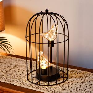 JHY DESIGN Birdcage Decorative Lamp Battery Operated 12" H Cordless Table Lamp with Warm White Fairy Lights Bird Bulb for Indoor Bedroom Living Room Home Wedding Xmas(Black)
