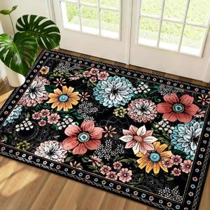 Yinhua Door Mat Indoor Entrance 2x3 Washable Boho Floral Rug for Entryway, Black Small Area Rug Non Slip Entryway Rugs Low Pile Throw Rugs for Kitchen, Laundry, Entry, Black