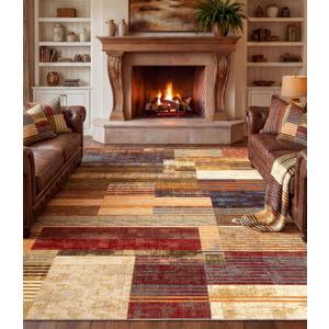 YIHOUSE Brown Area Rug 8x10, Farmhouse Rugs Washable,Vintage Burgundy Carpets for Bedroom,Burnt Orange Area Rug Non Slip,Geometric Boho Rug for Kitchen,Dining Room