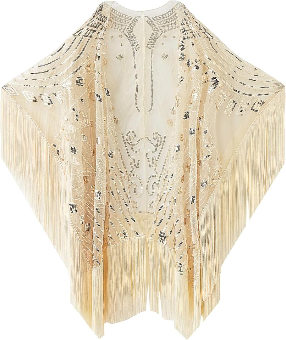 BABEYOND 1920s Sequin Beaded Shawl Wraps Fringed Evening Cape Scarf for Wedding (Beige)