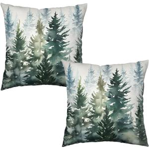 Watercolor Dark Green Tree Pillow Covers 18X18 Set of 2 Rustic Nature Forest Throw Pillow Cover Winter Christmas Decorative Pillow Cases Farmhouse Square Pillowcase for Outdoor Couch Patio