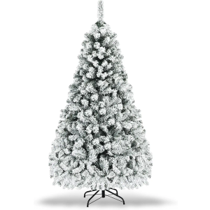 7.5 FT Pre-Lit Christmas Tree, Snow Flocked Hinged Xmas Tree with 1010 Branches Tips & 450 LED Lights, Metal Stand, Artificial Pine Lighted Holiday Tree for Home Office Decorations