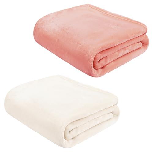 BYKOSY 2 Pcs Flanne Fleece Throw Blanket for Bed Couch Large Soft Blanket Winter Warm Lightweight Throw,Gifts for Girls Boys Teens, (Pink,Beige,50x60 Inch)