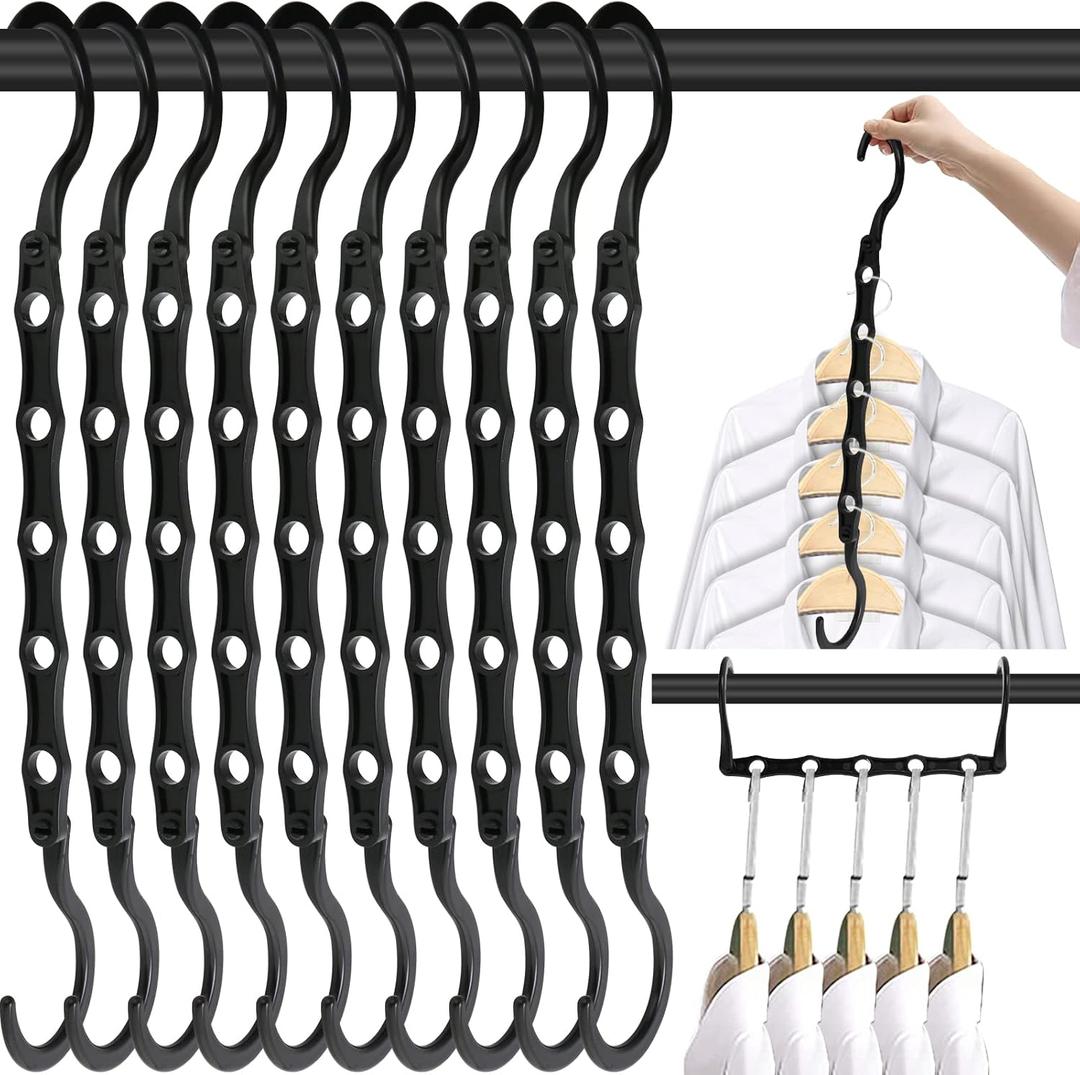 DUCOO 10 PCS Space Saving Hangers, 5-Hole Magic Hangers - Sturdy Plastic Hanger, Closet Organizers for Clothes Storage, College Dorm Essentials, Home Organization (Black)