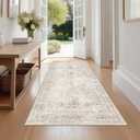 Fmfunctex 3x7 Runner Rug Beige Washable Vintage Neutral Distressed Non Slip Low Pile Indoor Carpet Soft Retro Floral Hallway Entryway Rug for Kitchen Living Room Bedroom Bathroom Laundry Entry Bedside