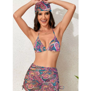  Women's 4 Piece Swimsuits Sexy Bikini Sets Triangle Bathing Suit with Mesh Cover Up Beach Skirt & Bandana, L