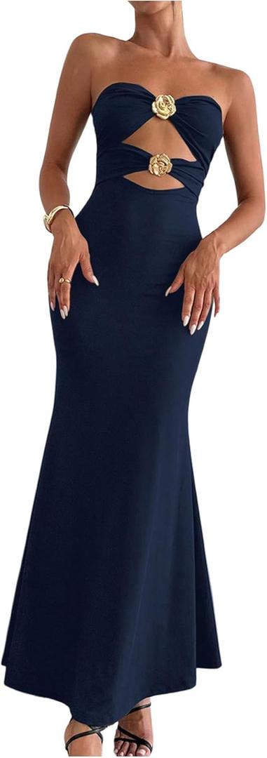 WDIRARA Women's Cut Out Strapless Bodycon Dress Sleeveless Party Fishtail Tube Dresses (Deep Blue) M