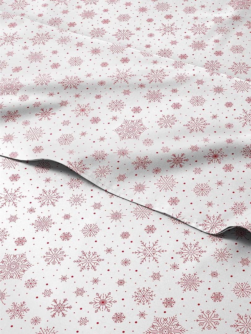 Full Christmas Red Snowflakes Sheet Set - Holiday Xmas Pattern Bedding Set - Deep Pockets - Snug Fit - 4 Piece - Wrinkle Free - Cooling Comfy Festive Winter Holiday Sheets for Women, Men, Kids & Teens