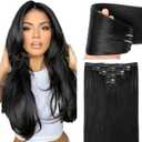 Hair Extensions Clip in Human Hair Jet Black #1 Natural Silky Straight Clip on Brazilian Real Human Hair Extensions Invisible Double Weft Clip ins Hair for Women 14 Inch 60G 5 PCS
