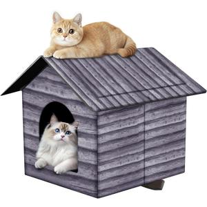Outdoor Cat House Cat House for Outdoor and Indoor Use - Waterproof Shelter for Cats, Dogs, and Feral Animals (Grey Wood Color, Medium)
