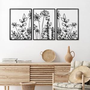 Therwen 3 Pcs Black Metal Wall Art Minimalist Wall Decor for Bedroom Flowers Decor Hanging Flower Bathroom Art Flower Line Sculpture Kitchen Decoration 16.5 x 9.8 Inch(Cute Style)